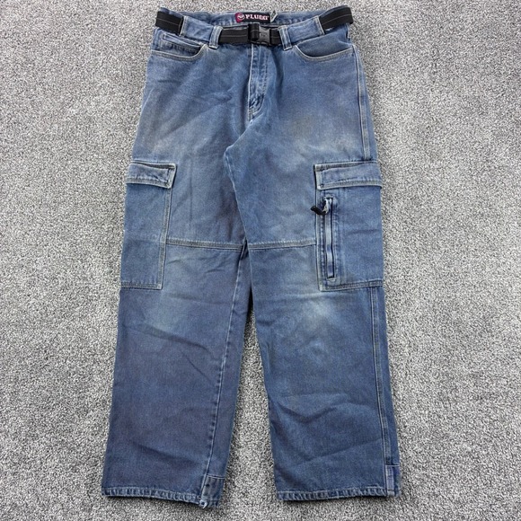 Vintage Y2K PLUGG Jeans Mens 33x30 Faded Denim Cargo Belted Wide Leg Rave Pocket